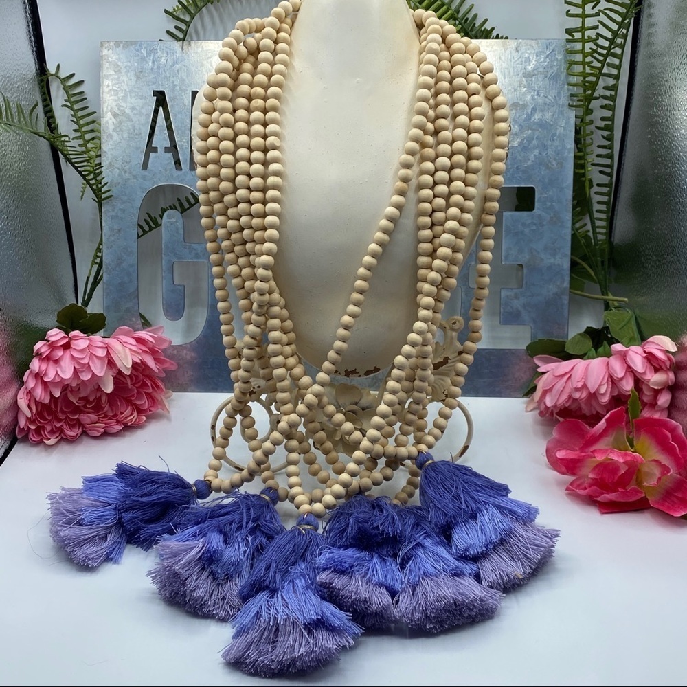 Jane 3tier Wood Bead purple Tassel Necklace - Picture 7 of 10